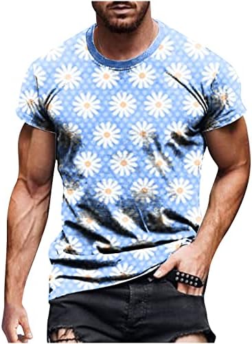 Машка хавајска маица летна плажа маичка Топ цветни печати кратки ракави со тркалезна графичка маичка за маици за одмор