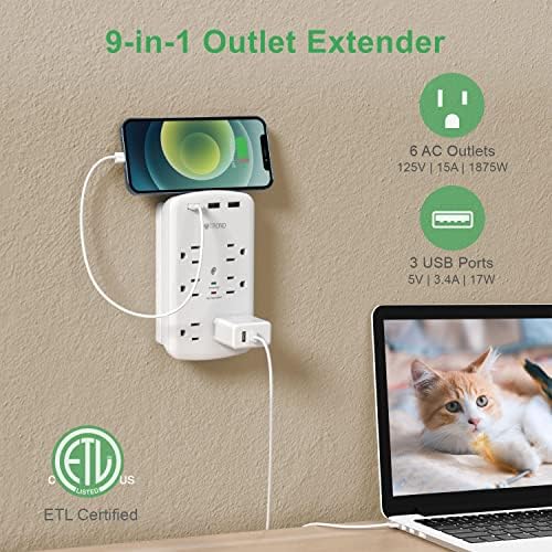 Мулти -приклучок Extender со USB - Trond 1280J Surge Protector Outlet, 6 широко распространети места, раздвојување на излез со дизајн