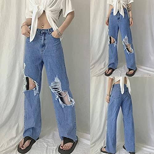 Прободени фармерки тексас широки панталони фармерки обичен патент плус големина трендовски панталони нога директно женски половината висока