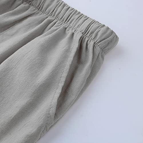 Менс памучни постелнини панталони, 2023 летни мажи се релаксираат удобно влечење на половината цврста боја, буги јога панталони со џемпери