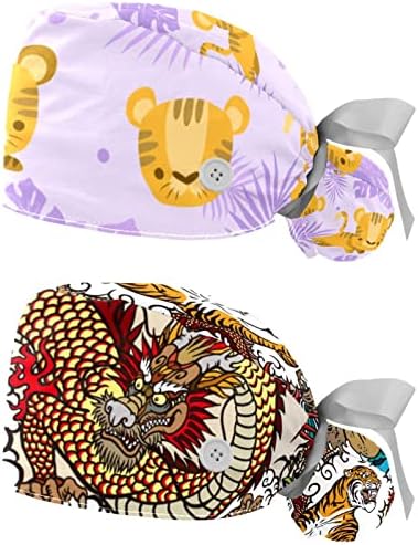 2 пакувања Работно капаче со копче за жени со долга коса прилагодлива еластична вратоврска за грб, буфин капачиња од тигри лисја од тигри