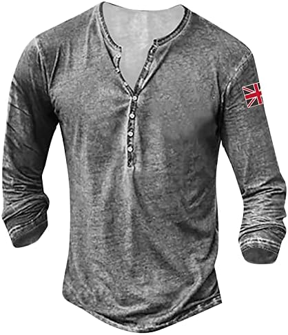 Венкомг1 Хенли кошула за мажи, обичен унија Jackек Велика Британија, печатена измиена маица со долги ракави, ретро потресена улична облека