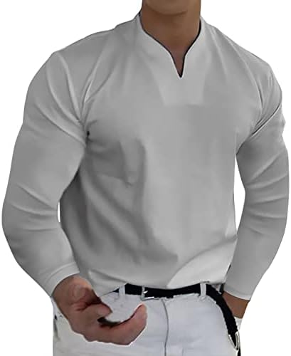 Машки V врат Хенли кошули со долг ракав, пролетен мускул Тенок фит деловна обична маица лесни врвови на јака