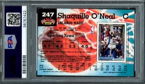 Шекил „Шак“ О'Нил автограмирана во дебитант за дебитантски стадион во 1992 година 247 Орландо Меџик ПСА 8 Авто одделение Gem Mint 10 PSA/DNA)