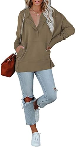 Astylish женско копче Хенли Хулис пуловер со долги ракави со преголема кошула со качулка со џебови