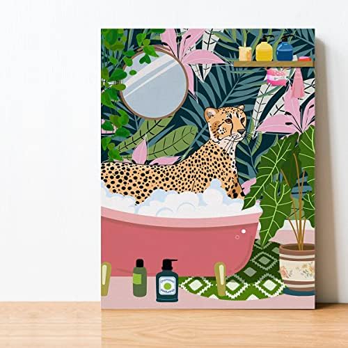 Бања Леопард во када платно Постер сликарство wallидна уметност, тропска ботаничка леопард слика уметнички дела врамени печатење подготвени