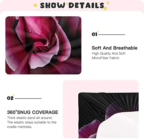 Алаза розова роза на црни чаршафи за креветчиња, опремени листови за басинет за момчиња девојчиња, дете, стандардна големина 52