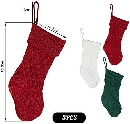 Ilauke 3 пакувани плетени Божиќни чорапи, 18 инчи голем плетен кабел рустикален порибување Божиќни украси со 4,7 инчи јаже, совршен