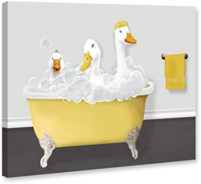Гениј декор- модерна смешна wallидна уметност за бања жолто сива три густи во када слика за печатење на платно