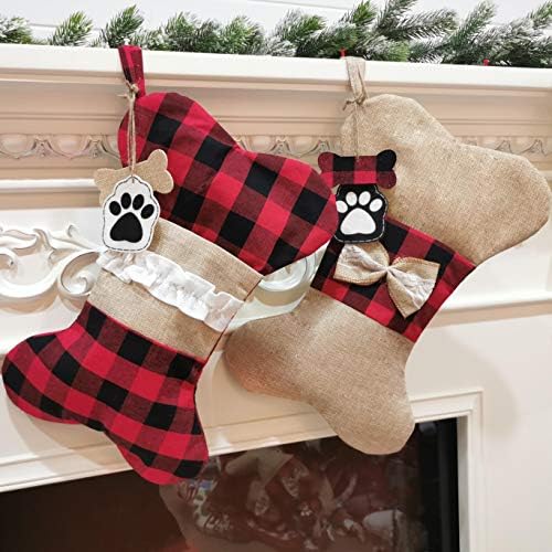 ЈЕЛАИВП ПЕТ куче Божиќни чорапи 2 пакувања Бурлап кариран празник виси коски чорапи камин Божиќ Божиќна декорација