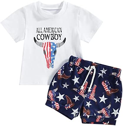4-ти јули бебе момче облека со кратки ракави Американски каубојски маици врвови на џогер шорцеви западна летна облека