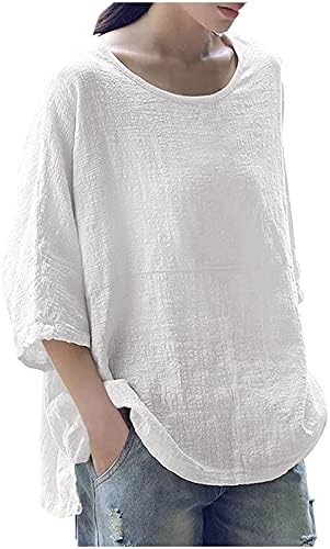Женски обичен тркалезен врат 3/4 кратки ракави врвови летни основни постелнина цврсти блузи плус големина лабава маички кошули