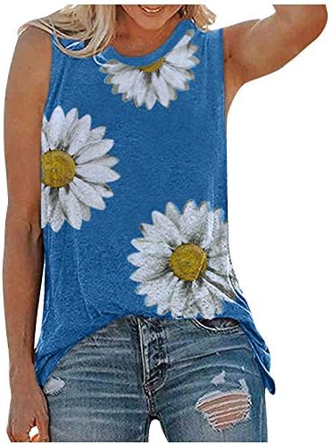 Уфоко жени летни резервоари за печатење на маргаритки врвови на маички без ракави, графичка мета блуза