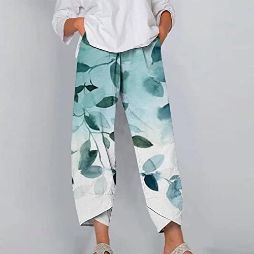 Постелнини панталони за жени, дами лето обична памучна постелнина широка нога еластична половината Каприс цветни печатени панталони