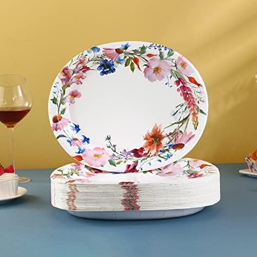 Boocikey 50pcs Пролетните цветни овални хартиени плочи Партии се снабдуваат 10 × 12 во големи овални чинии за вечера со чајни плочи Масовни