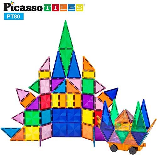 Picassotiles 80pc магнетски градежни блокови + 12 парчиња огледало плочки, блокови на плочки со дијамантски магнети со комплет за