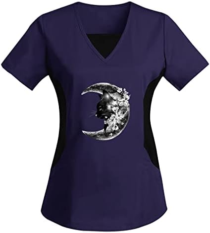 Scrubs_tops за жени печати мачка месечина со кратки ракави со кратки ракави модни женски кратки ракави за кратки ракави