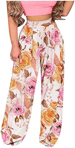 Широки палацо панталони за жени цветни печати лето бохо плажа панталони со висока половината лабава лежерна панталона панталони