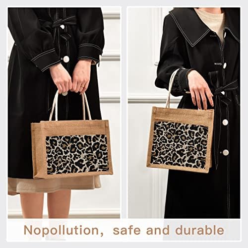 Sinestour леопард текстура jute tote торба јутачки торби за подароци со рачка тотап торба за еднократна употреба на намирници за жени за