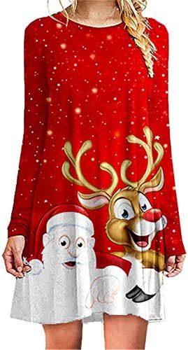 Божиќни фустани Андонџивел за жени со долги ракави маица Божиќ печатени обични замав фустани здолниште