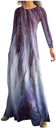 lcziwo женски цветни принт максичен фустан вратоврска боја боја блок долги фустани обични долги ракави o вратот шарен фустан