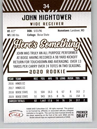 2020 Sage Hit Premier Draft 34 John Hightower RC RC Dookie Boise State Broncos Football Trading Card