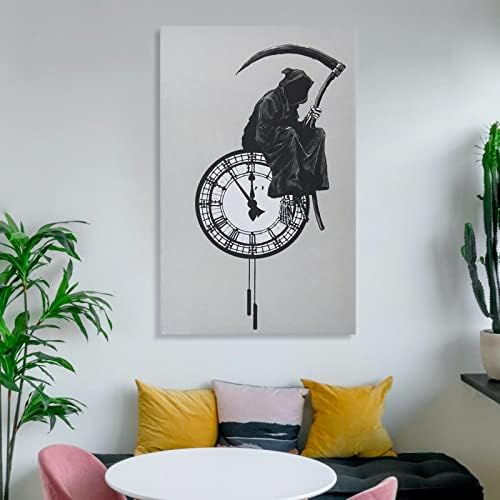 Црн и бел постери за уметност Грим Reaper Седи часовник wallид спална соба декор постер платно платно wallидни уметнички отпечатоци за wallидни