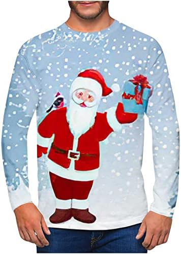 Кошула за мажи Обични блузи врвови 3Д смешни печатени тркалезни врат со долг ракав маица, грда божиќен џемпер