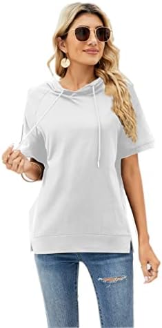 Deweey женски кратки ракави худи обичен џемпер на отворено врвот на вратот цврста блуза маица