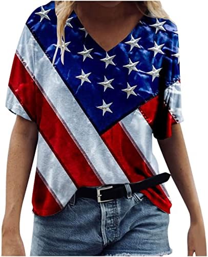 Маици со знамиња на САД за жени на ден на независност на врвови летни кратки ракави против кошули со вратот Обични трендовски лабави