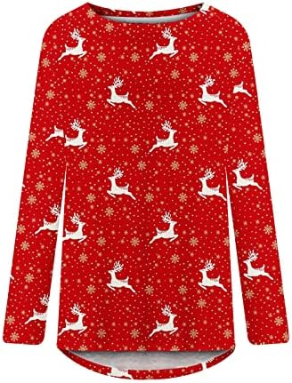 Црвен брод блуза за вратот за дами со долг ракав снег елен печати лабава фит фестивал Божиќ симпатични врвови маици тинејџерка jn s