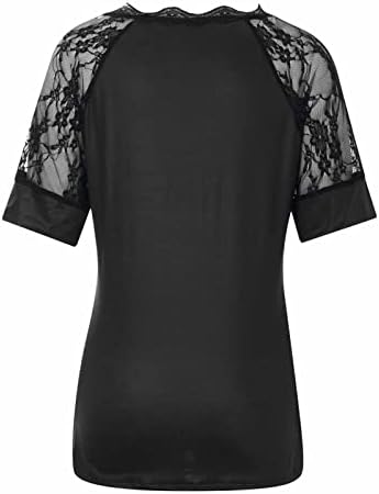 Женска летна блуза трендовски череп печати чипка крпеница шупливи кратки ракави V-врат пулвер маички врвови црни црни