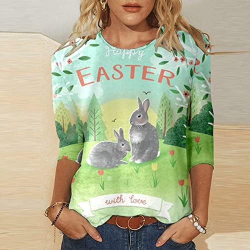 Среќни велигденски маички за жени зајаче зајак графички топ 3/4 ракав обична маица плус кошули со големина христијански блузи