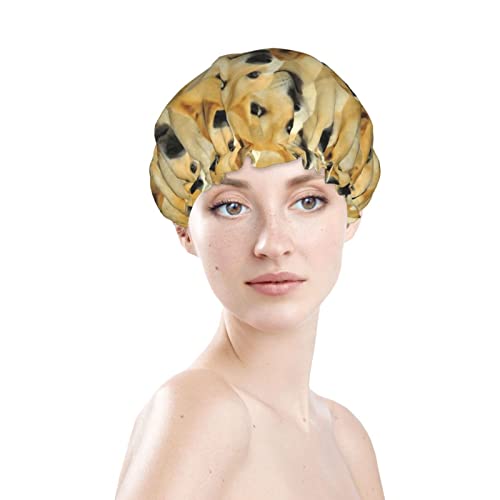 Womenените што можат да се користат затегнати капа за коса, смешна Доге Емотисон Шиба Ину двојни слоеви водоотпорна капа за бања со