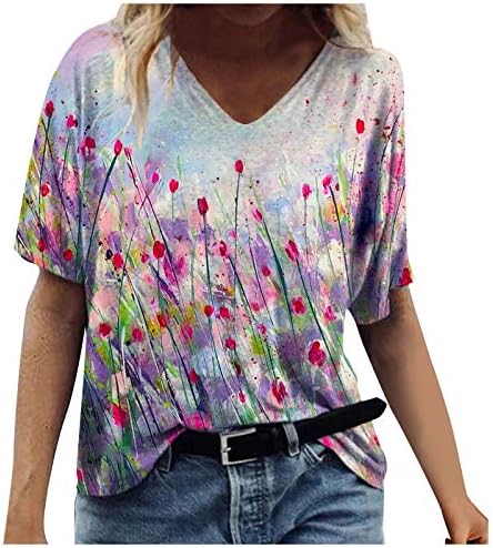 Мода Печатени Маица За Жени Во Текот На Шарени Цветни Шема Блузи Лето V Вратот Краток Ракав Мета Блузи
