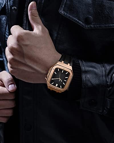 CNHKAU за Apple Watch 45mm 44mm метал кутија со браник со опсег Менс не'рѓосувачки челик солиден заштитен капак со комплет за мод на силиконски