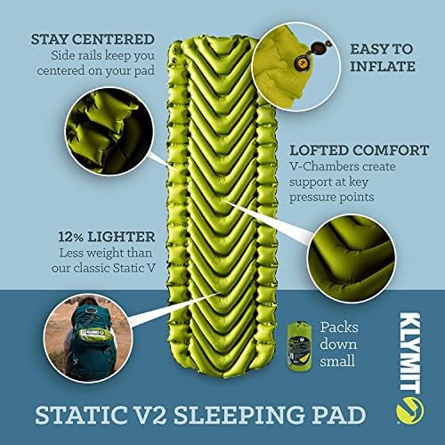 Klymit static v2 надувување подлога за спиење за кампување, ултралејно пешачење и ранец на воздушниот кревет, зелена