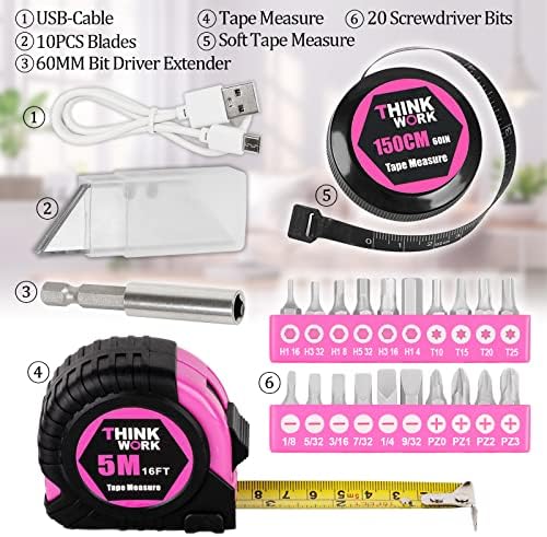 Thinkwork 40-парчиња розови алатки сет-дама рачна алатка поставена со 3,6V ротирачки електричен шрафцигер-долготрајно и трајно-многу погодни