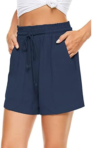 Neyouqe женски памучни постелнина летни летни еластични половини удобни шорцеви со џеб