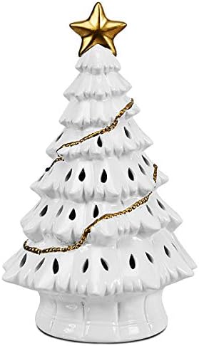 Празничен Божиќен декор, 11 инчи пред-осветлена керамичка шуплива таблета ела вештачка новогодишна елка со светла управувана со батерија