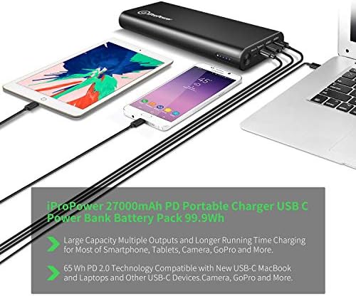 IPropower USB-C PD Power Bank 27000mAh, преносен полнач за испорака на надворешна батерија за напојување за MacBook Air/Pro лаптоп таблет