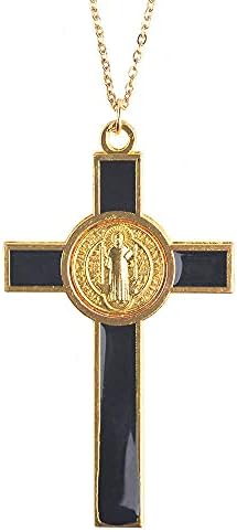 Свети Бенедикт Бенедиктински Црн Емајл Златен Корпус 3 Инчен Крст Крст Приврзок Ѓердан