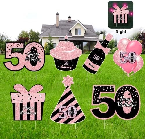 Комбохој 50 -ти роденденски украси за жени - 7 парчиња црни и розови 50 роденденски двор знаци со удели, пенливи ноќе - украси на