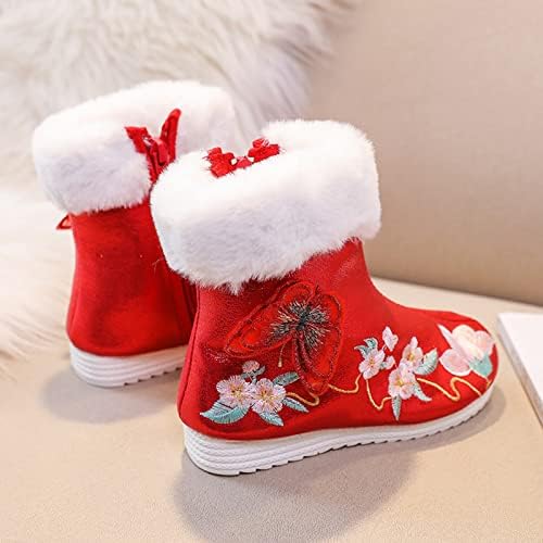 Тодлер зимски снежни чизми Детски девојки топли везени памучни чизми кои не се лизгаат на отворено чевли 3-12,5 години