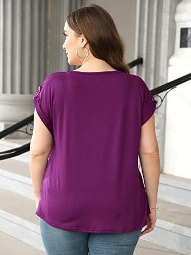 Yskkt жени v вратот Хенли маички плус големина на копчето нагоре со кратки валани ракави цврсти обични врвови на блуза