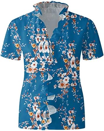 Женски Блузи 2023 Летни Трендовски Цветни Кошули За Печатење Кратки Ракави V Вратот Рушени Возбудувања Лабави Обични Врвови
