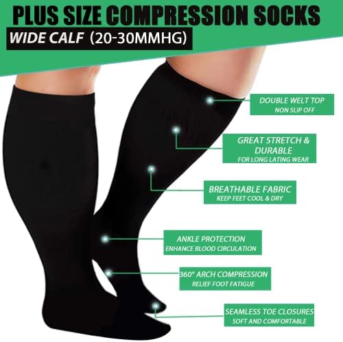 Get-FA 4 парови плус чорапи за компресија со големина за жени 20-30 mmHg, широки чорапи со теле од најдобра поддршка за циркулација, трчање