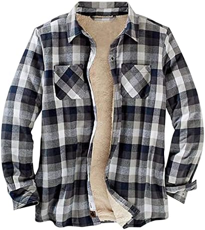 XXBR карирани кошули со руно јакни за мажи, проверено меки копче за вртење на јака за надворешна облека надолу