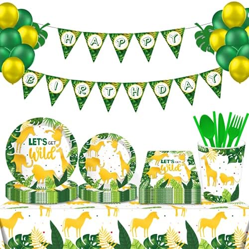 Сафари роденденски украси 136 стр. Зелена зоолошка градина забава тема за роденденски украси млади диви животни тема банер балон чаршафи
