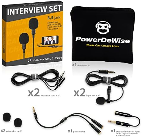 PowerDewise Professional Great 2 Lavalier Clip -On Microphones Поставени за двојно интервју - Двоен микрофон LAV Lapel - Користете за камерата